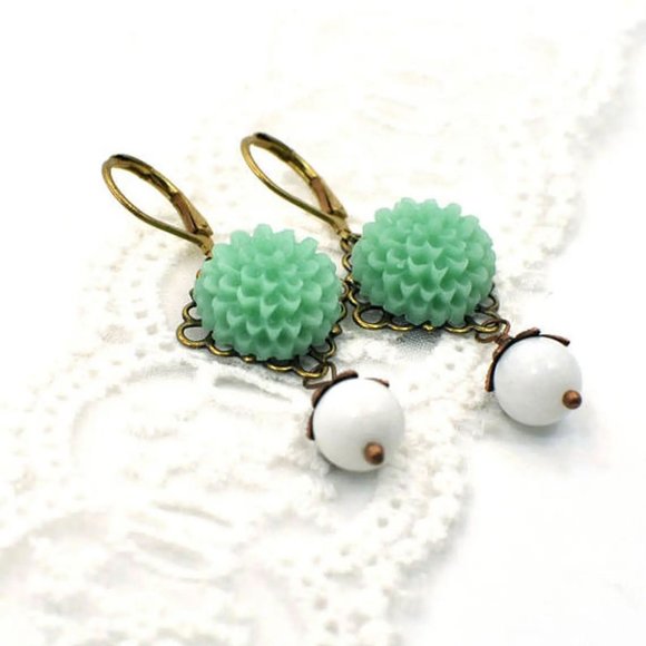 Long Green Floral Cottagecore Earrings. Handmade Jewelry by Michelle Ann - Picture 2 of 5